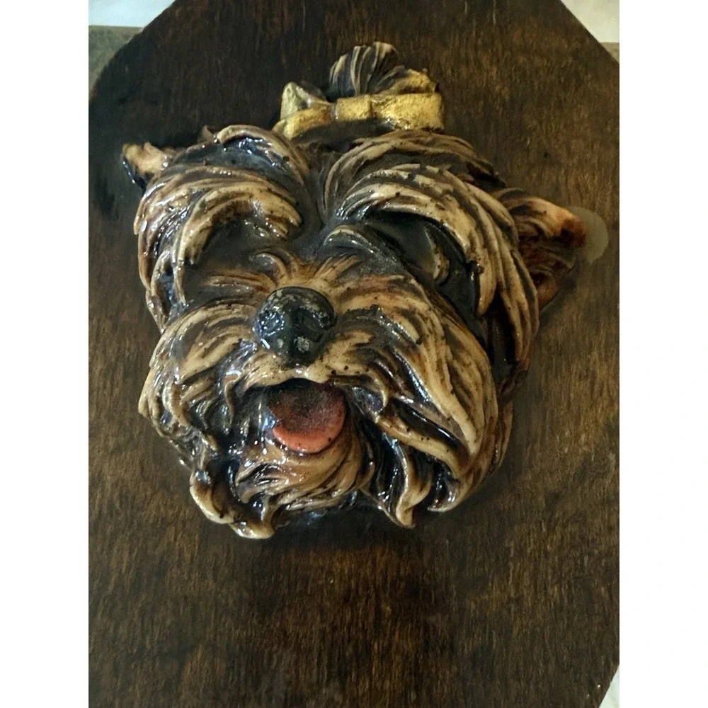 Vintage 3D Yorkshire Terrier Dog Wood Wall Plaque Collectible 1970s